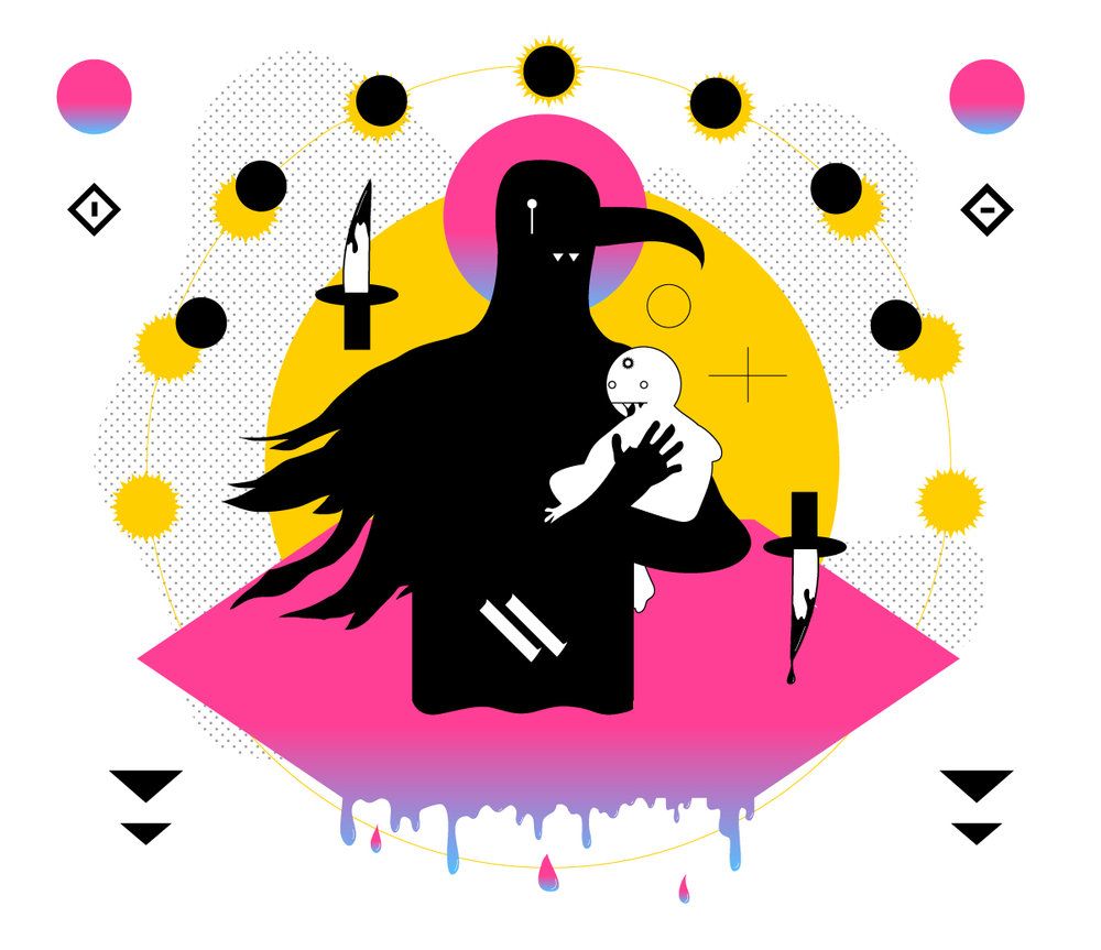 simple digital illustration, bird nosed figure holds a child with three eyes, two daggers drip blood floating on a pink diamond, s