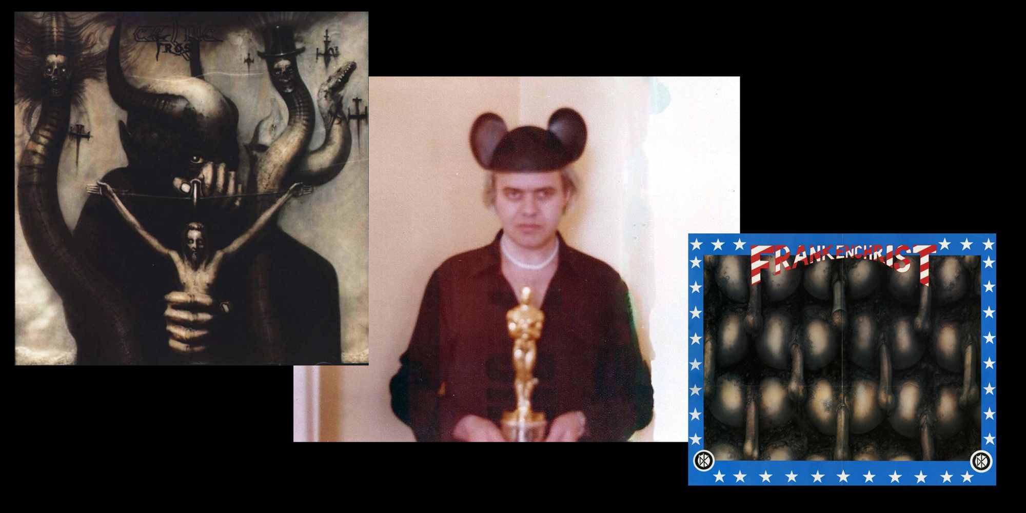 Graphic banned album covers on left and right, the artist HR Giger in a mickey mouse hat holding his Oscar in the center.