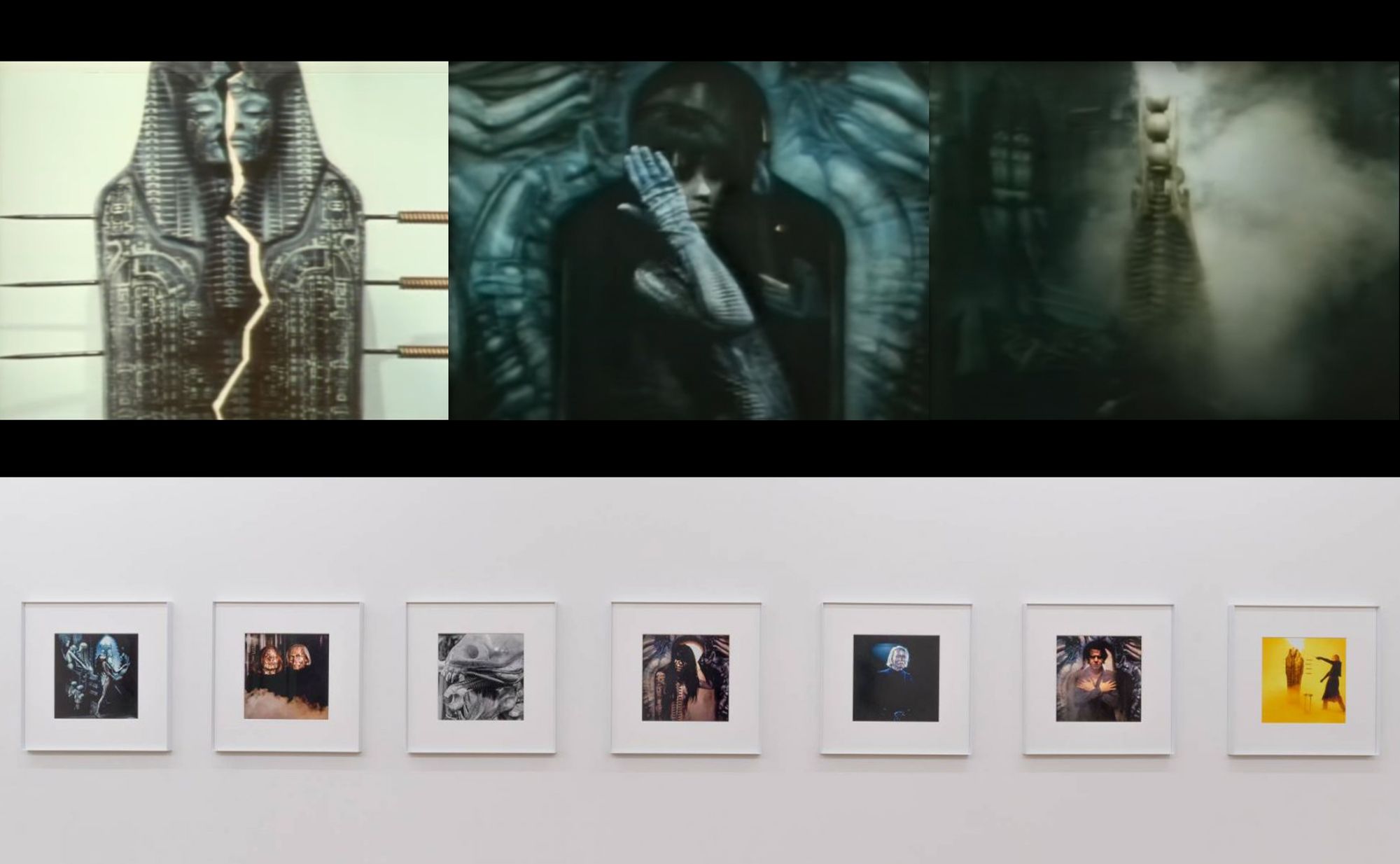 Three stills from music videos for Debbie Harry above a row of framed photographs from the video shoot.