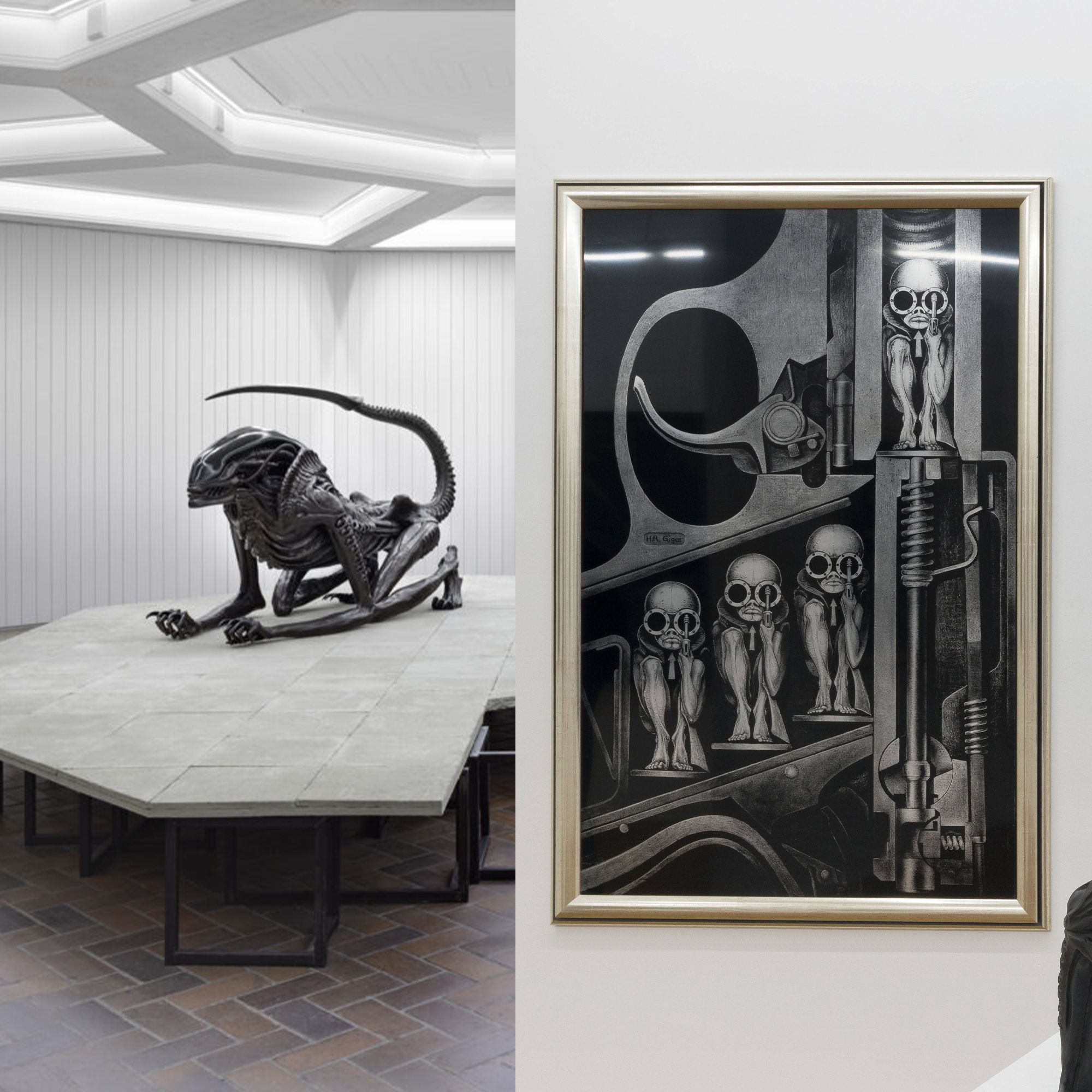 Xenomorph sculpture installed in an art gallery on left, on right a framed illustration by H.R. Giger